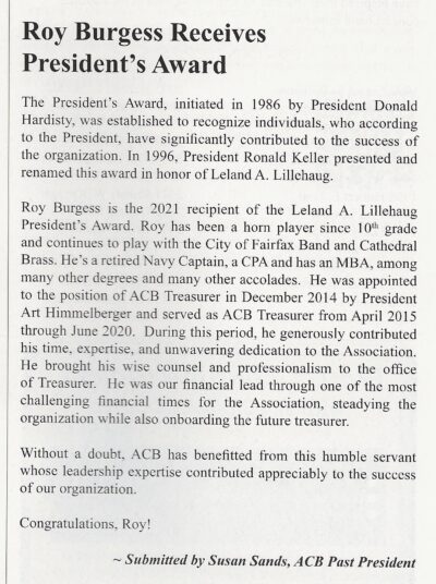 ACB article about Roy Burgess receiving ACB president's Award